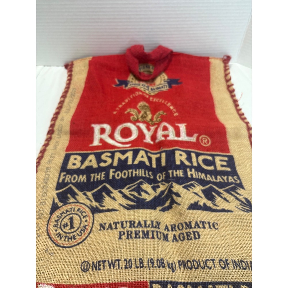 Royal Basmati Rice Burlap Tote Bag Red Tan Reusable Grocery Sack Zipper Top